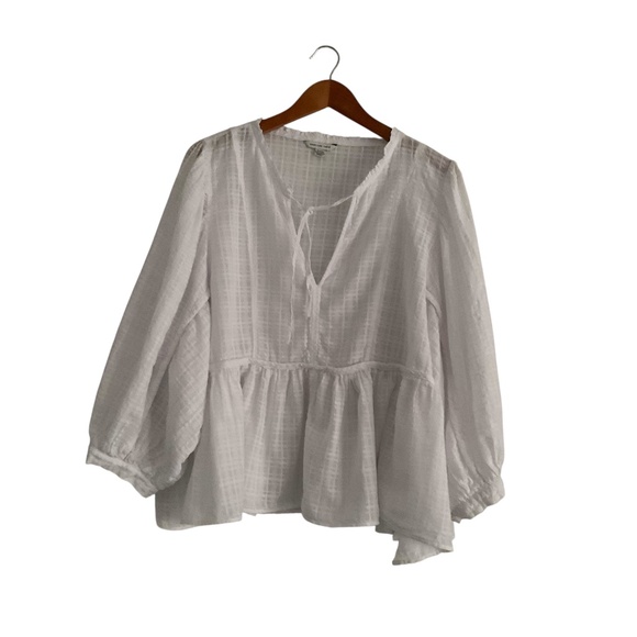 American Eagle Tie-Front Long Puff Sleeve Peasant Blouse XL White Boho Cottage - Picture 1 of 10